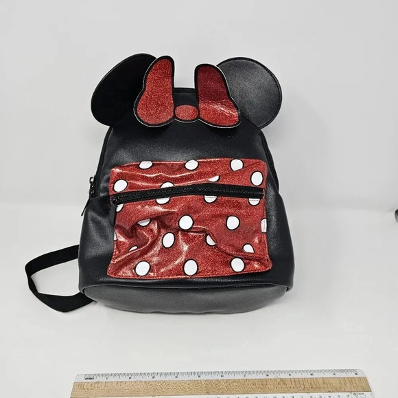Bioworld Disney Minnie Mouse Backpack Purse Black Red Ears Small Bag Glitter - Picture 3 of 13
